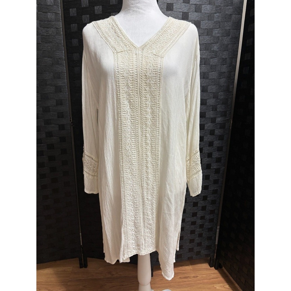 Raya Sun Shift Dress Cover Up Ivory Crochet Embroidered Gauze Boho Beach S/M